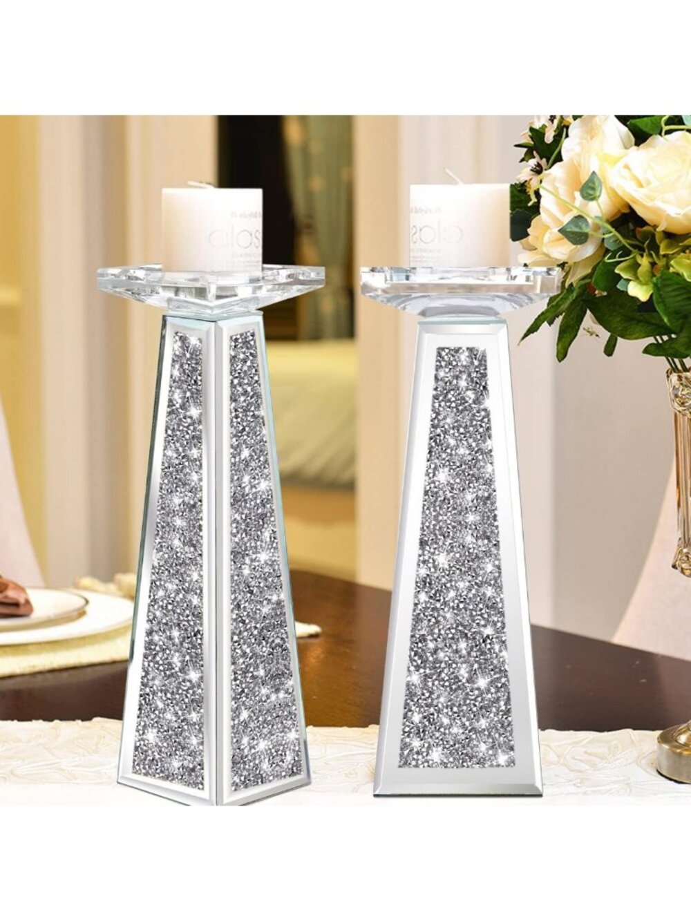 Elegant 2-Piece Crystal Candlestick Holders Set for Pillar Candles - Silver